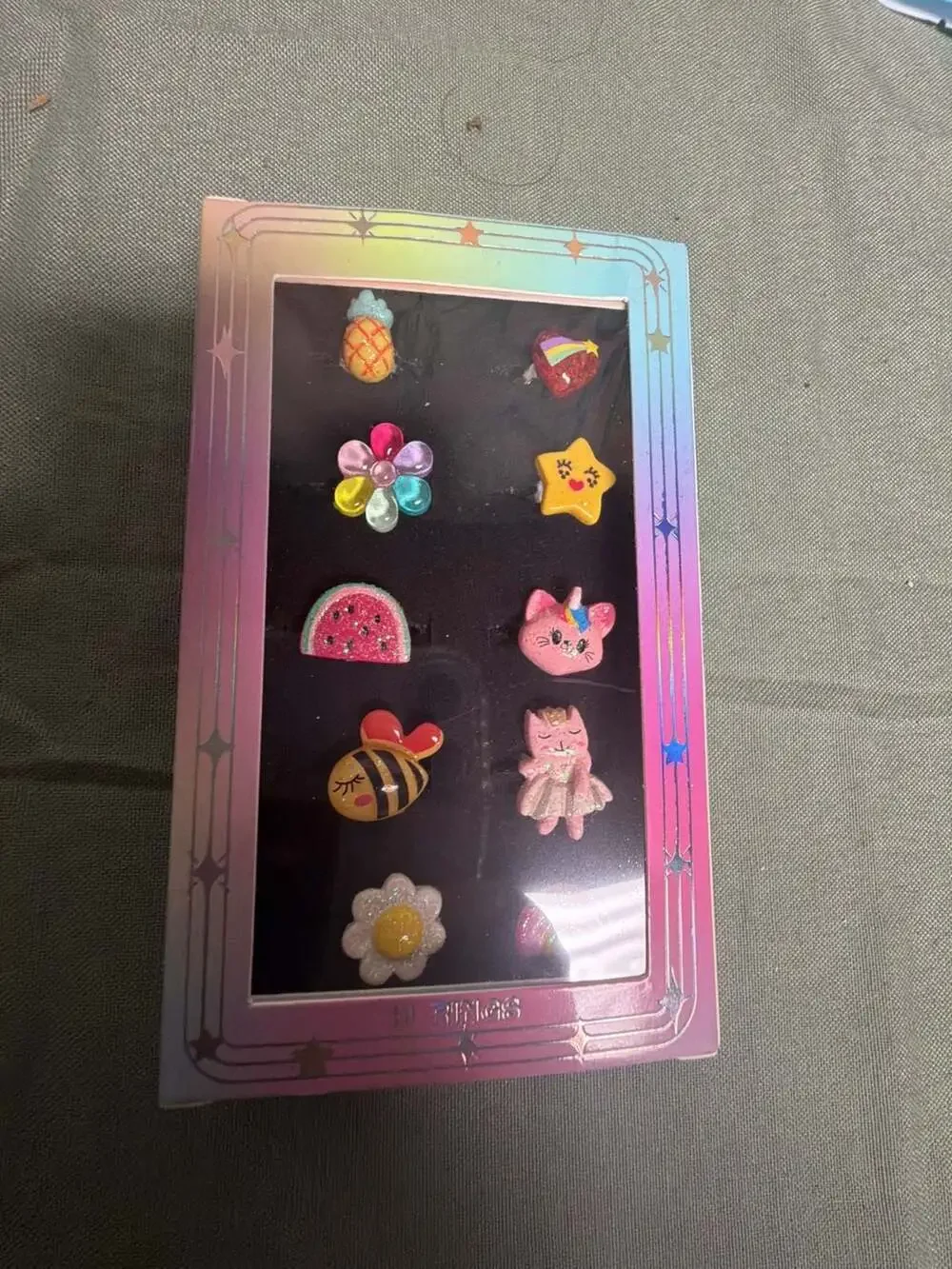 Girls 10-Piece Colorful Novelty Ring Set with Pineapple, Unicorn, and Flower Des